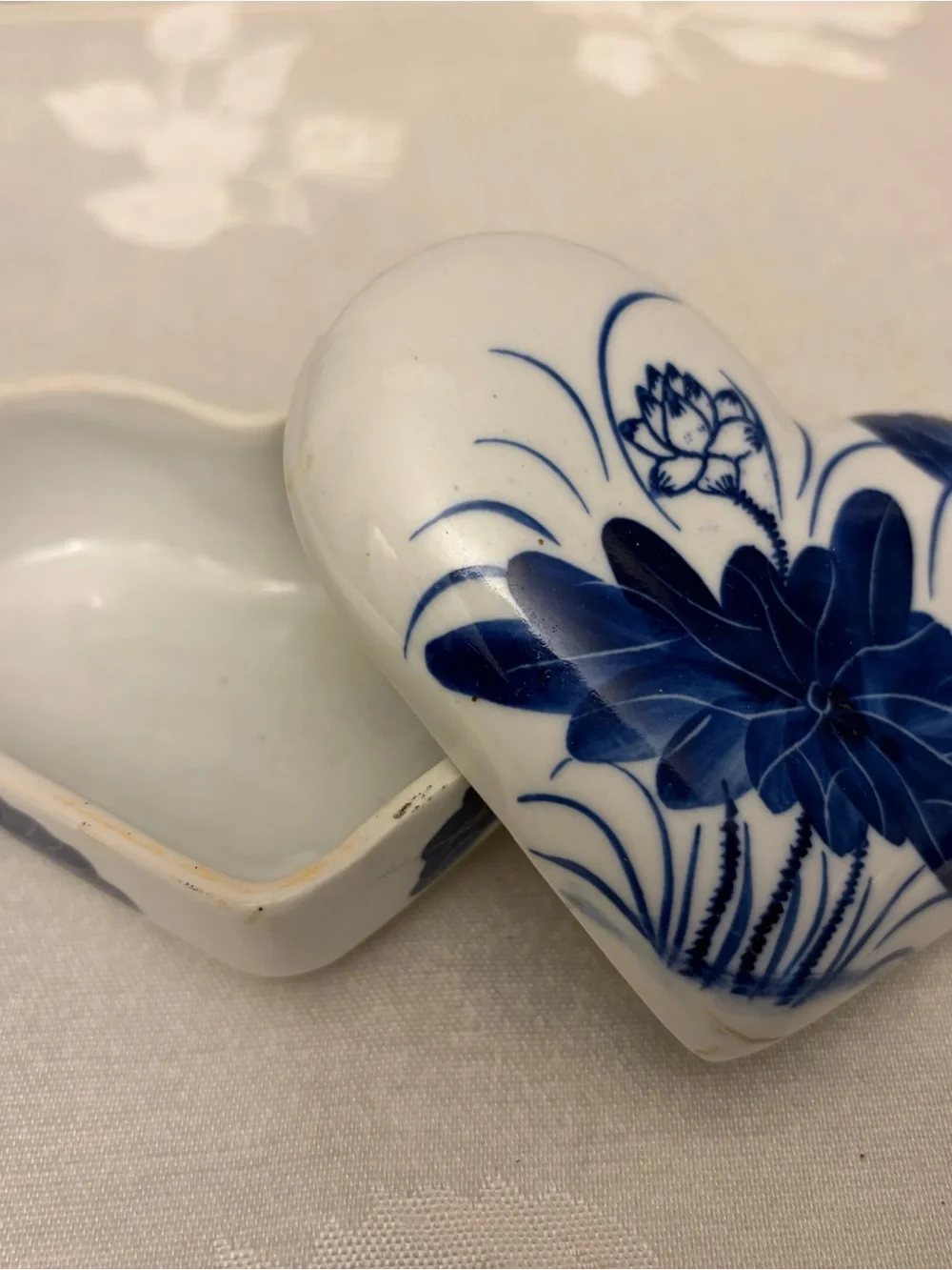 Vintage Blue and White Heart-Shaped Porcelain Trinket Box - Floral Design